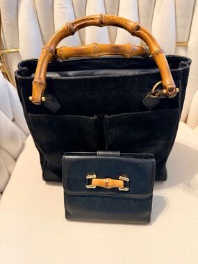 Gucci Black Suede Shoulder Bag with Bamboo Handles